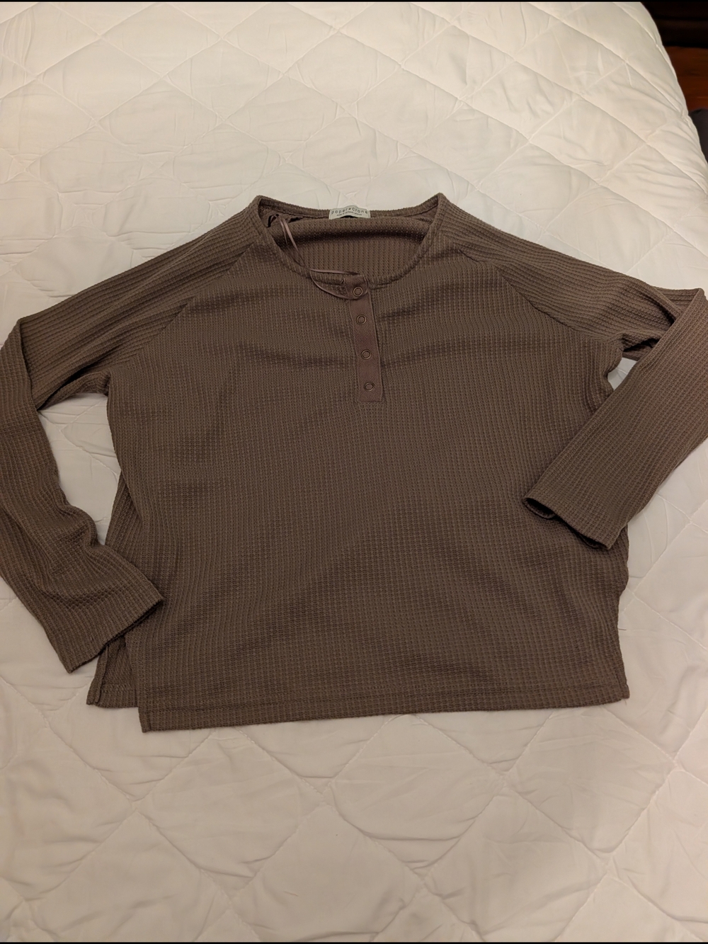Waffle-Knit Long Sleeve Henley Top